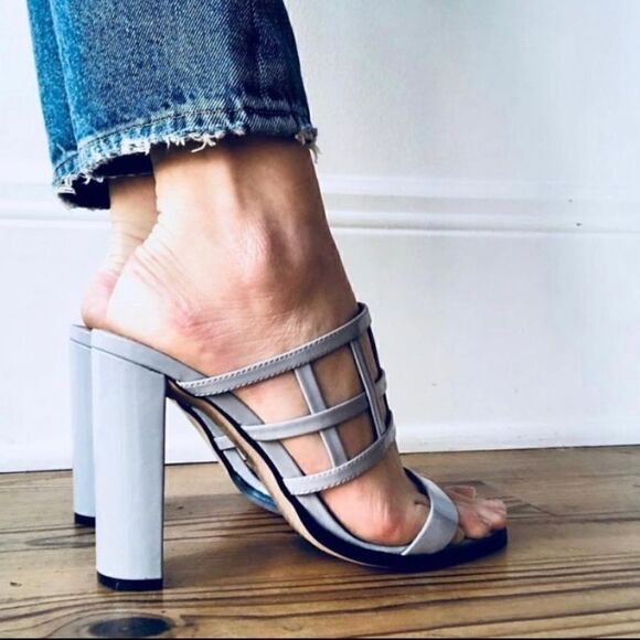 Mode Collective Lily White Grey Nappa Leather Caged Block Heeled Slip On Sandals - Picture 7 of 14